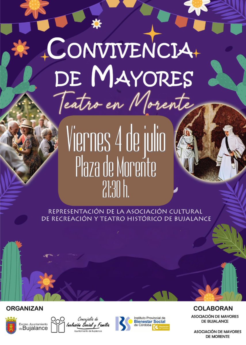 🎭👵👴 Convivencia de Mayores en Morente
¡Una noche para disfrutar, compartir y revivir la historia!

📅 Viernes 4 de julio
📍 Plaza de #Morente
🕤 21:30 h.

No te pierdas la representación teatral a cargo de la Asociación Cultural de Recreación y Teatro Histórico de #Bujalance.