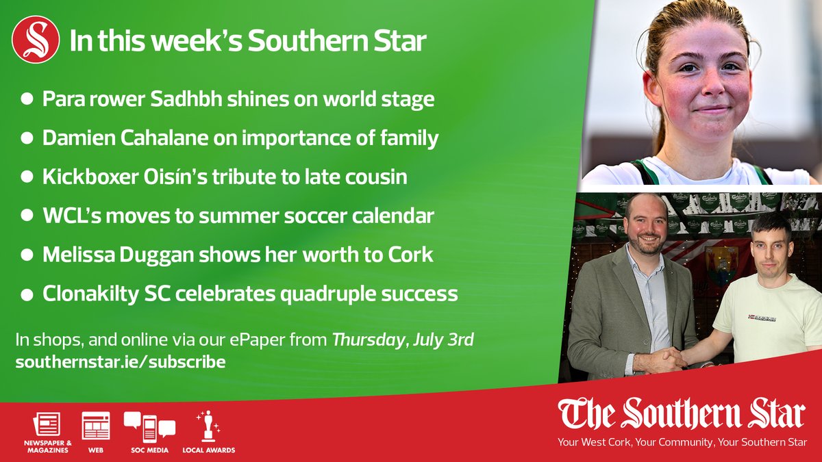 Southern Star Sport (@westcorksport) on Twitter photo A quick look at what’s on offer in this Thursday’s <a href="/SouthernStarIRL/">The Southern Star</a> Sport 📰
🥎 Damien Cahalane on family life
⚽️ West Cork League moves to summer calendar
🏐 Melissa Duggan shows her importance to Cork LGFA
🗞️ and much more!
To subscribe ➡️ southernstar.ie/subscribe A quick look at what’s on offer in this Thursday’s <a href="/SouthernStarIRL/">The Southern Star</a> Sport 📰
🥎 Damien Cahalane on family life
⚽️ West Cork League moves to summer calendar
🏐 Melissa Duggan shows her importance to Cork LGFA
🗞️ and much more!
To subscribe ➡️ southernstar.ie/subscribe