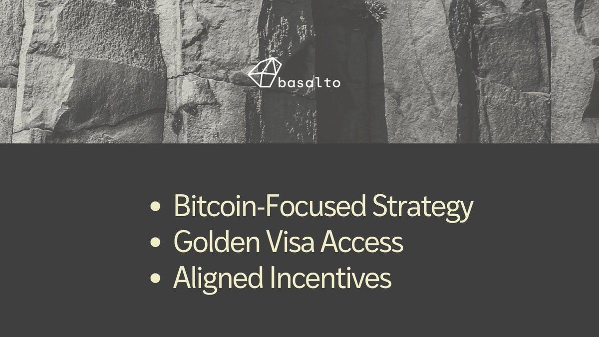 Basalto is different because:

🎯 Bitcoin-focused: 80%+ of assets go into BTC, the rest into the broader ecosystem.
🇵🇹Golden Visa Access: Investors can qualify for Portuguese/EU residency.
⚡️Aligned Incentives: 2% fee - Basalto wins when investors do.

Learn more: