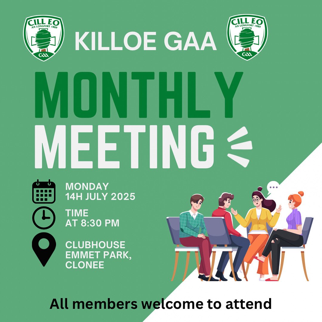 📢 Killoe GAA Monthly Meeting 🟢⚪

📅 Date: Monday, 14th July 2025
🕣 Time: 8:30 PM
📍 Location: Clubhouse, Emmet Park, Clonee

All members are welcome to attend. Your input and support are always valued – see you there! 👥💬

#KilloeGAA #ClubMeeting