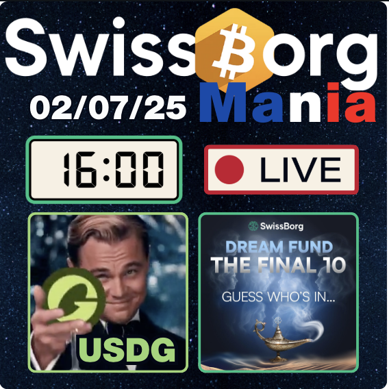 SwissBorgMania's tweet photo. ☀️ORPW à 16h00
On refait l'actu de l'écosystème #SwissBorg 💚

Au programme :
- PRODUCT UPDATE, ajout de $USDG nouveau stablecoin Dollar compliant MiCa
- DREAMFUND 🗳️
- ❌ XBORG récap de l'AMA + Pledge 3 Mois jusqu'à 15% APY dans l'app

#WeAreSwissBorg 💚
https://t.co/lzhvf870oV