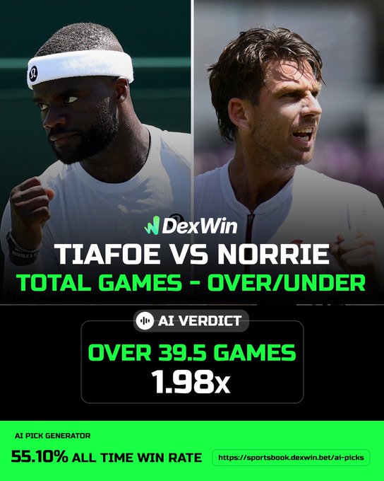 Wimbledon 🏴󠁧󠁢󠁥󠁮󠁧󠁿 Tennis Betting Predictions, Tennis Betting Lines & Wimbledon 2025 Tennis Betting Odds Today 🎾 

Frances Tiafoe vs Cam Norrie - Over 39.5 Total Games @ 1.98 ✅ 

Follow @DexWin_Sports for the best Tennis betting odds, Tennis betting picks and Tennis predictions today 🎾
