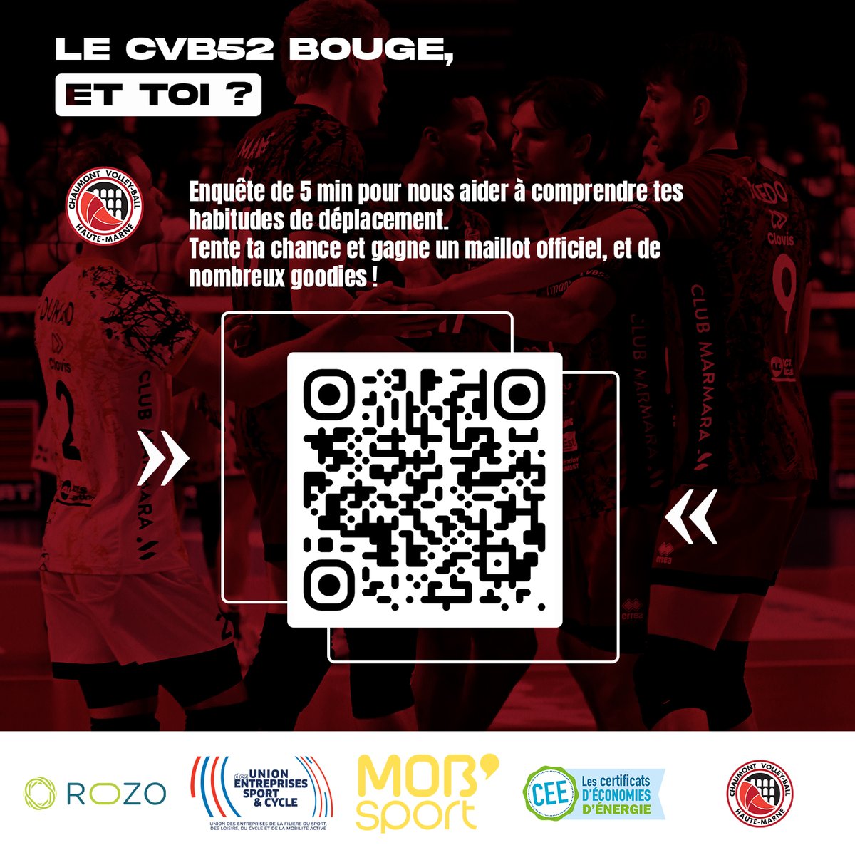 🎯 Supporters du CVB 52, on a besoin de vous !
Répondez à un court questionnaire (5 min) sur vos trajets vers Palestra 🏟️
🎁 À gagner : 1 maillot officiel, des mugs &amp; des écharpes !
👉 Participez ici : fr.eu.surveymonkey.com/r/NWBQH65

#CVB52 #Palestra #Volley #Supporters