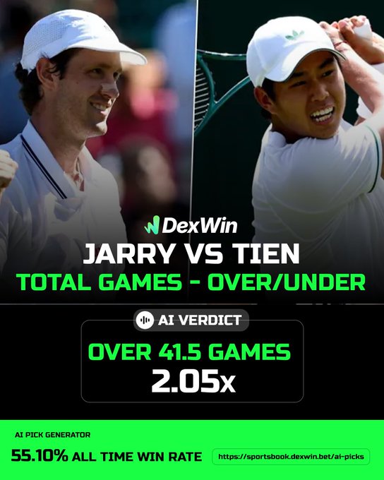 Wimbledon 🏴󠁧󠁢󠁥󠁮󠁧󠁿 Tennis Betting Predictions, Tennis Betting Lines & Wimbledon 2025 Tennis Betting Odds Today 🎾 

Nicolas Jarry vs Learner Tien - Over 41.5 Total Games @ 2.05 ✅ 

Follow @DexWin_Sports for the best Tennis betting odds, Tennis betting picks and Tennis predictions today 🎾