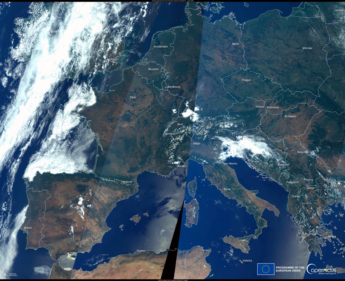 ☀️ A severe heatwave is gripping Europe, with temperatures soaring past 46°C in Spain &amp; Portugal.

🛰️ This #CopernicusEU #Sentinel3 #ImageOfTheDay shows clear skies from the high-pressure system driving the heat.