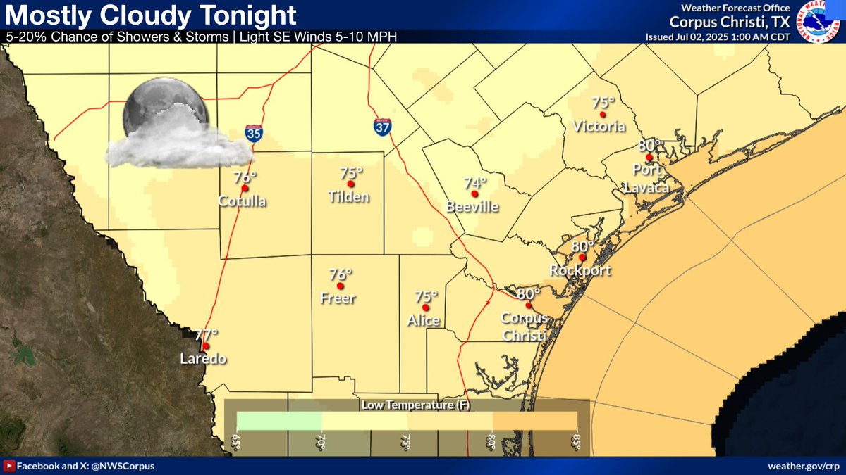 Mostly cloudy skies tonight with lows in the mid to upper 70s. There is a low (5-20%) chance of showers and thunderstorms, mainly across the Brush Country and Rio Grande Plains. Southeast winds 5-10 mph.  #stxwx #txwx