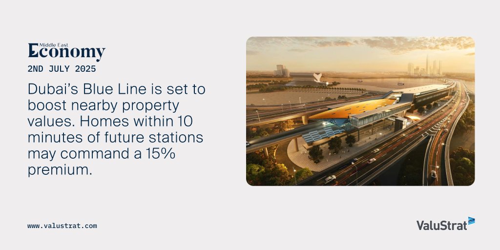 💡Dubai’s Blue Line is set to boost nearby property values. Homes within 10 minutes of future stations may command a 15% premium, says Haider Tuaima, MD &amp; Head of Real Estate Research.

📩 Details: valustrat.com/pages/how-the-…

#Dubai #RealEstate #PropertyInsights #ValuStratResearch