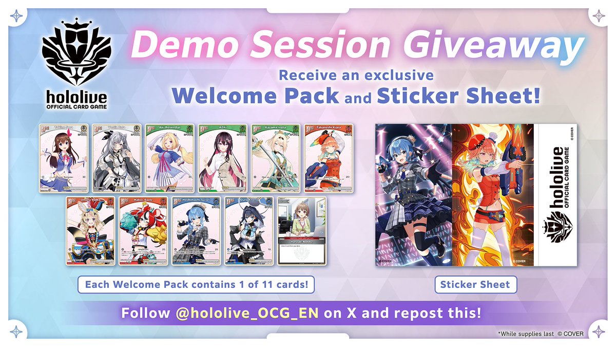 🎉Announcement🎉

Starting from Anime Expo, take part in the hololive OFFICIAL CARD GAME Demo Caravan and receive a Welcome Pack and Sticker Sheet — absolutely free!
 👉 Follow us on X <a href="/hololive_OCG_EN/">hololive_OCG_EN</a> and repost to share the excitement!
 🔗 Find out more: en.hololive-official-cardgame.com/events/post/wo…