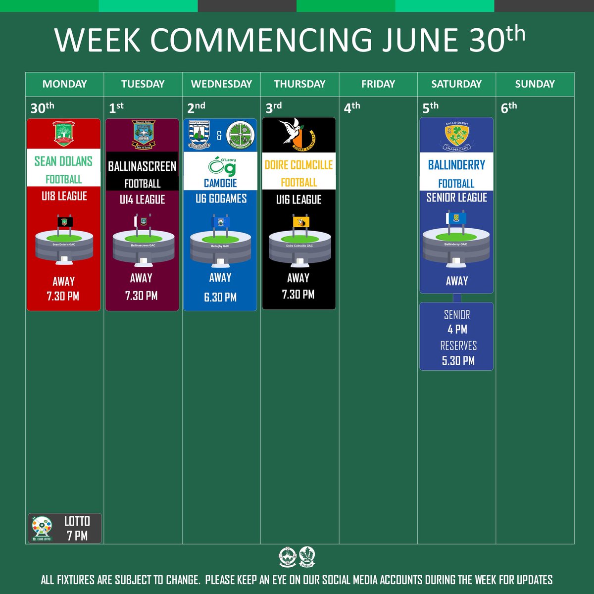 🇳🇬📅 𝗪𝗘𝗘𝗞𝗟𝗬 𝗙𝗜𝗫𝗧𝗨𝗥𝗘𝗦 - 

Apologies for the delay. See post for our schedule of games and events this week.  Please keep an eye on the social media channels for updates.