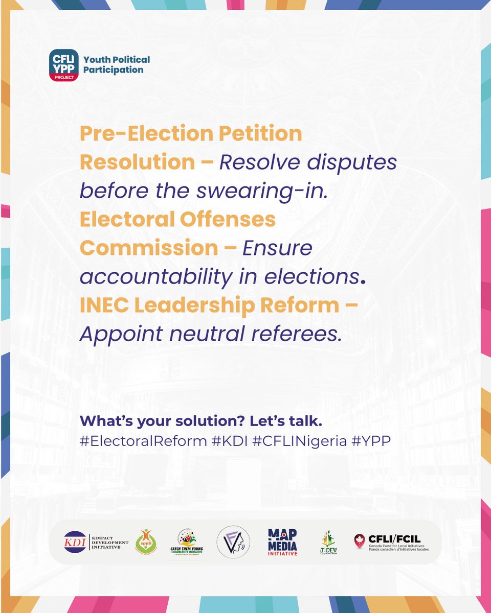 KDI_ng's tweet image. We all want credible elections but what will actually make that happen?
The reforms are on the table, the conversations have started and your voice needs to be part of it.
#ElectoralReform #KDI #CFLINigeria #YPP
@jdevfoundation
@mapdiafrica
@CppliOfficial
@catycoi…