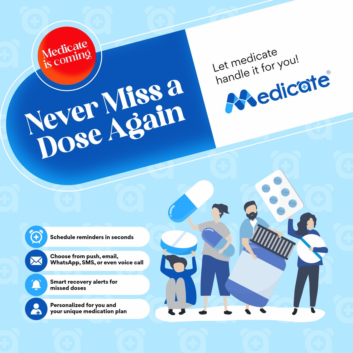 💊Never miss a dose again!

With Medicate’s AI-powered Medication Reminder, set smart alerts for your meds via WhatsApp, SMS, email, or  calls. 

👥Caregivers &amp; healthcare providers can set reminders for patients &amp; earn commissions!

#Medicate #HealthTech #AI #MedicationReminder
