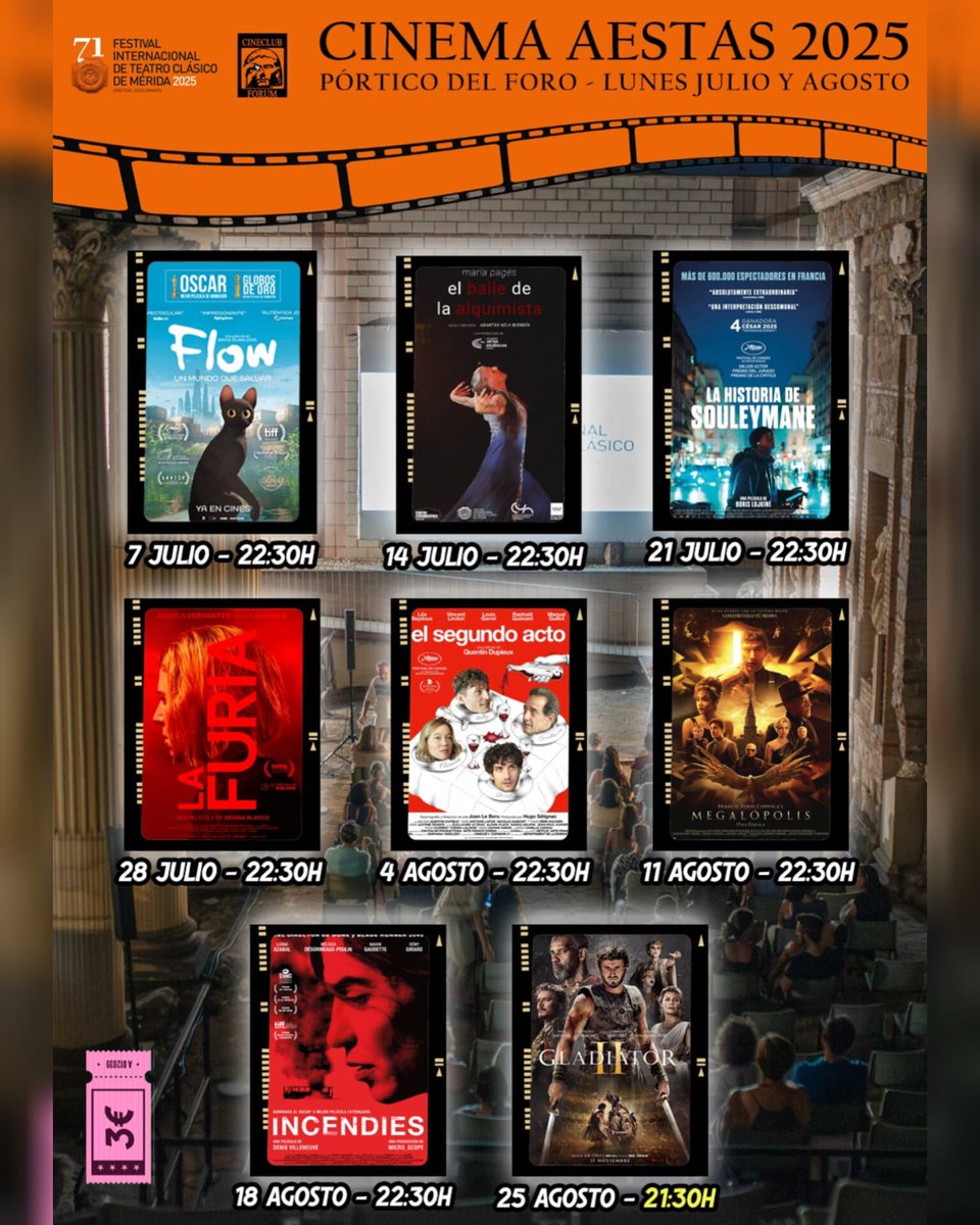 DavidGarridoBazan (@davidgarridobaz) on Twitter photo Programación completa del XIII #CinemaAestas 2025
🗓 Lunes Julio y Agosto
⏰ 22:30*
🎟 3€
Animación con Flow, documental danza, cine español, cine francés, drama, comedia, teatro, homenaje al XX <a href="/FCIMerida/">FesCineIneditoMerida</a> con Incendies, Coppola y su Megalópolis, Ridley Scott y Gladiator II...🤗 Programación completa del XIII #CinemaAestas 2025
🗓 Lunes Julio y Agosto
⏰ 22:30*
🎟 3€
Animación con Flow, documental danza, cine español, cine francés, drama, comedia, teatro, homenaje al XX <a href="/FCIMerida/">FesCineIneditoMerida</a> con Incendies, Coppola y su Megalópolis, Ridley Scott y Gladiator II...🤗