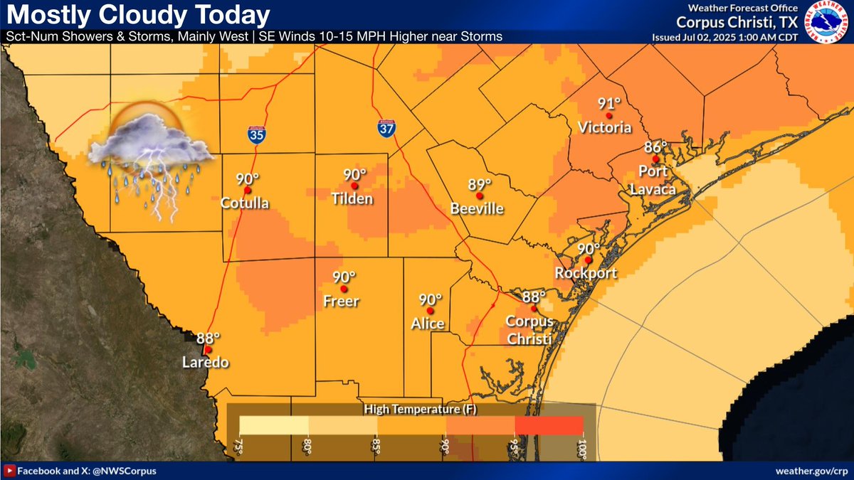 Scattered to numerous showers and thunderstorms can be expected today, mainly across the Brush Country and Rio Grande Plains with isolated showers across the Coastal Bend. Highs in the upper 80s to around 90 area-wide.  Southeasterly winds 10-15 mph. #stxwx #txwx