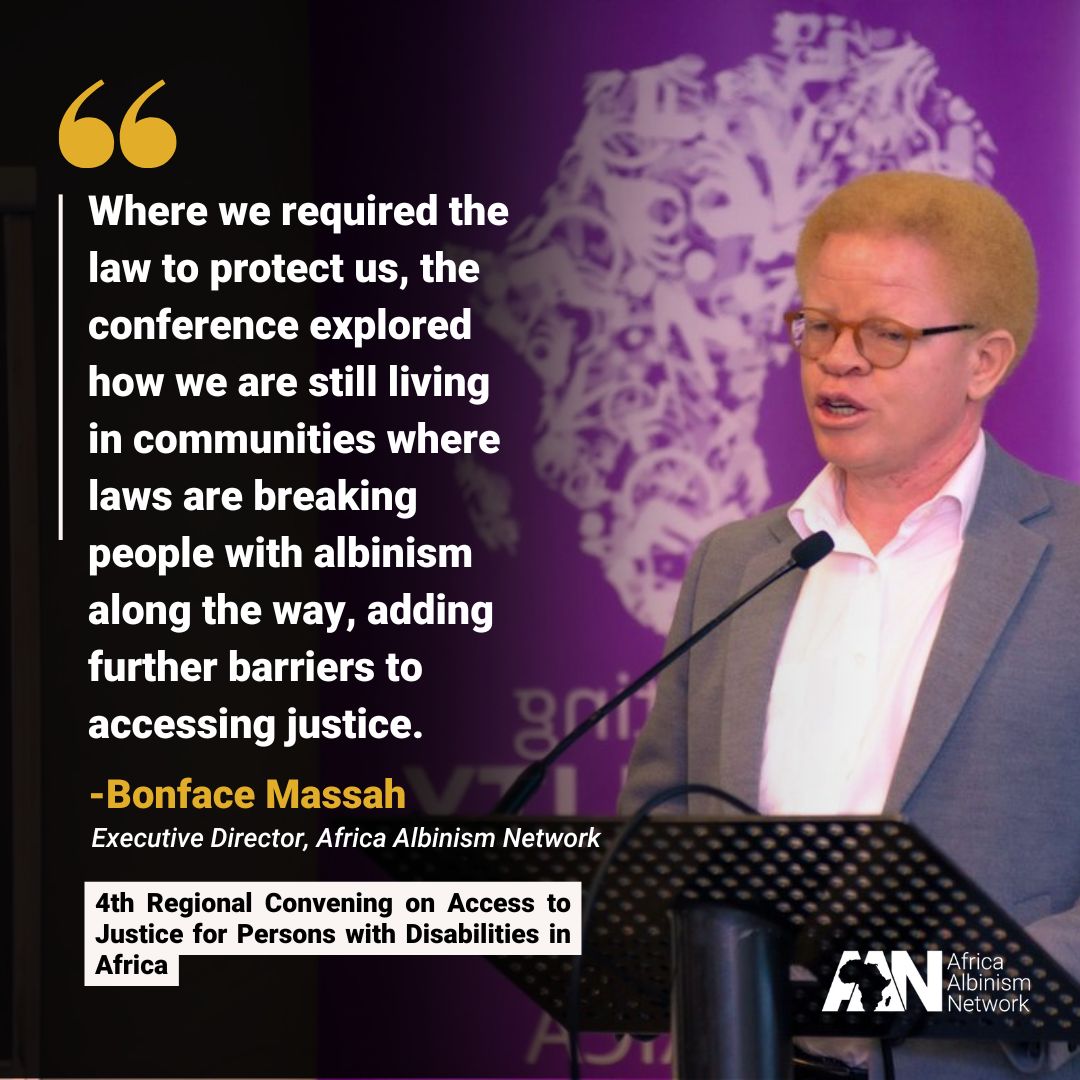 AfricaAlbinism's tweet photo. On June 25, AAN’s Bonface Massah & DRW Zambia’s Bruce Chooma presented at the 4th Regional Convening on Access to Justice in Africa hosted by the @CHR_HumanRights 

They shared key lessons from AAN’s work in #Zambia urging justice actors to address albinism-specific legal & systemic barriers.

#AccessToJustice #AlbinismRights #OutOfTheShadowsForGood #DisabilityRights