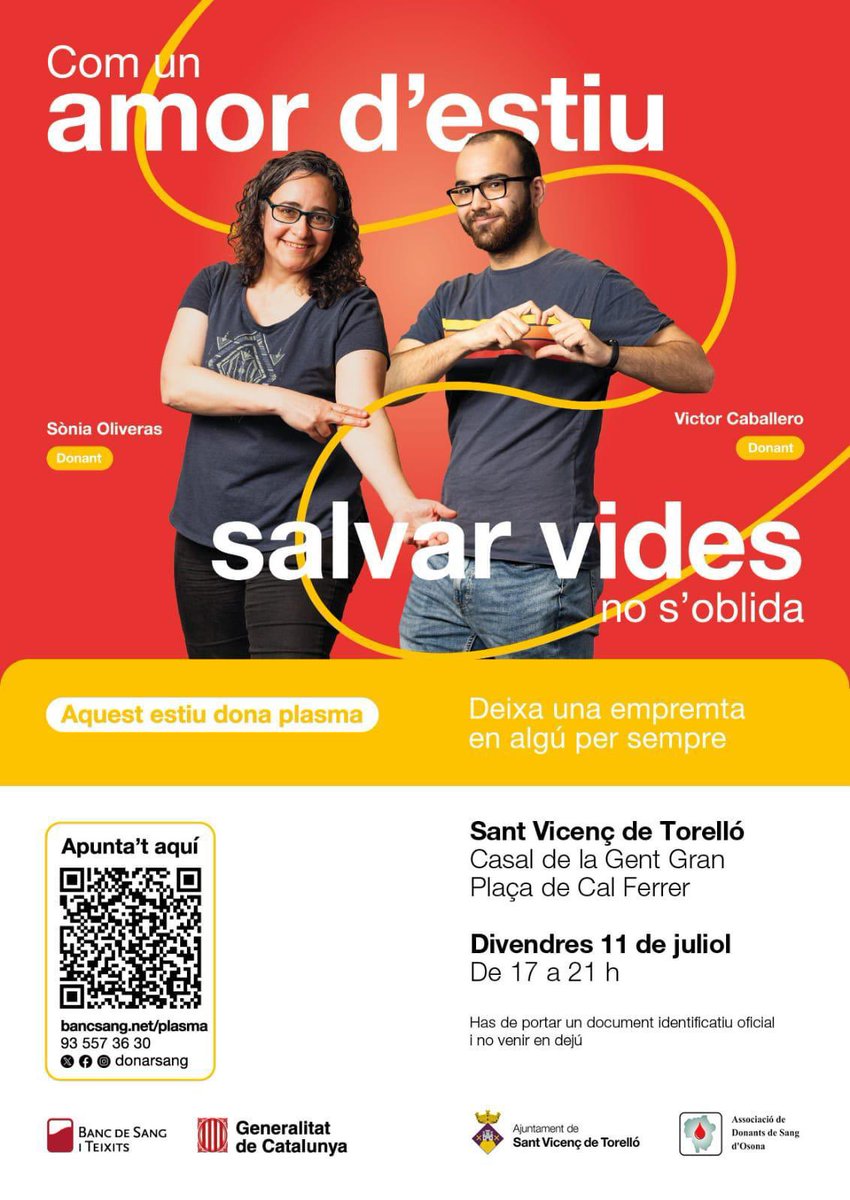🩸 DONACIÓ DE SANG I DE PLASMA

👉 Com un amor d'estiu, SALVAR VIDES NO S'OBLIDA!

👉 Deixa una empremta en algú per sempre️

📆 Divendres 11 de juliol al Casal de la Gent Gran de Sant Vicenç de Torelló de 17 a 21h

💻 Cal demanar cita prèvia a:
donarsang.gencat.cat/ca/vull-donar/…