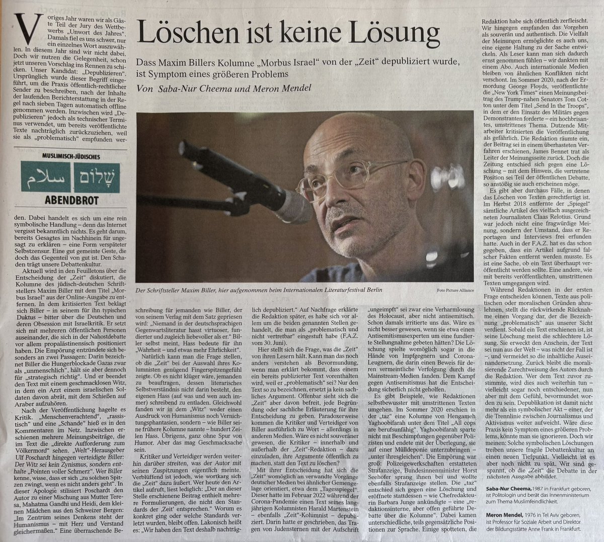 Dr. Meron Mendel (@meronmendel) on Twitter photo Dass die Kolumne von Maxim Biller aus <a href="/zeitonline/">DIE ZEIT</a> entfernt wurde, ist Symptom eines größeren Problems. Unsere neue muslimisch-jüdische Kolumne in <a href="/faznet/">Frankfurter Allgemeine</a> <a href="/sabanurcheema/">Saba-Nur Cheema</a>
faz.net/aktuell/feuill… Dass die Kolumne von Maxim Biller aus <a href="/zeitonline/">DIE ZEIT</a> entfernt wurde, ist Symptom eines größeren Problems. Unsere neue muslimisch-jüdische Kolumne in <a href="/faznet/">Frankfurter Allgemeine</a> <a href="/sabanurcheema/">Saba-Nur Cheema</a>
faz.net/aktuell/feuill…