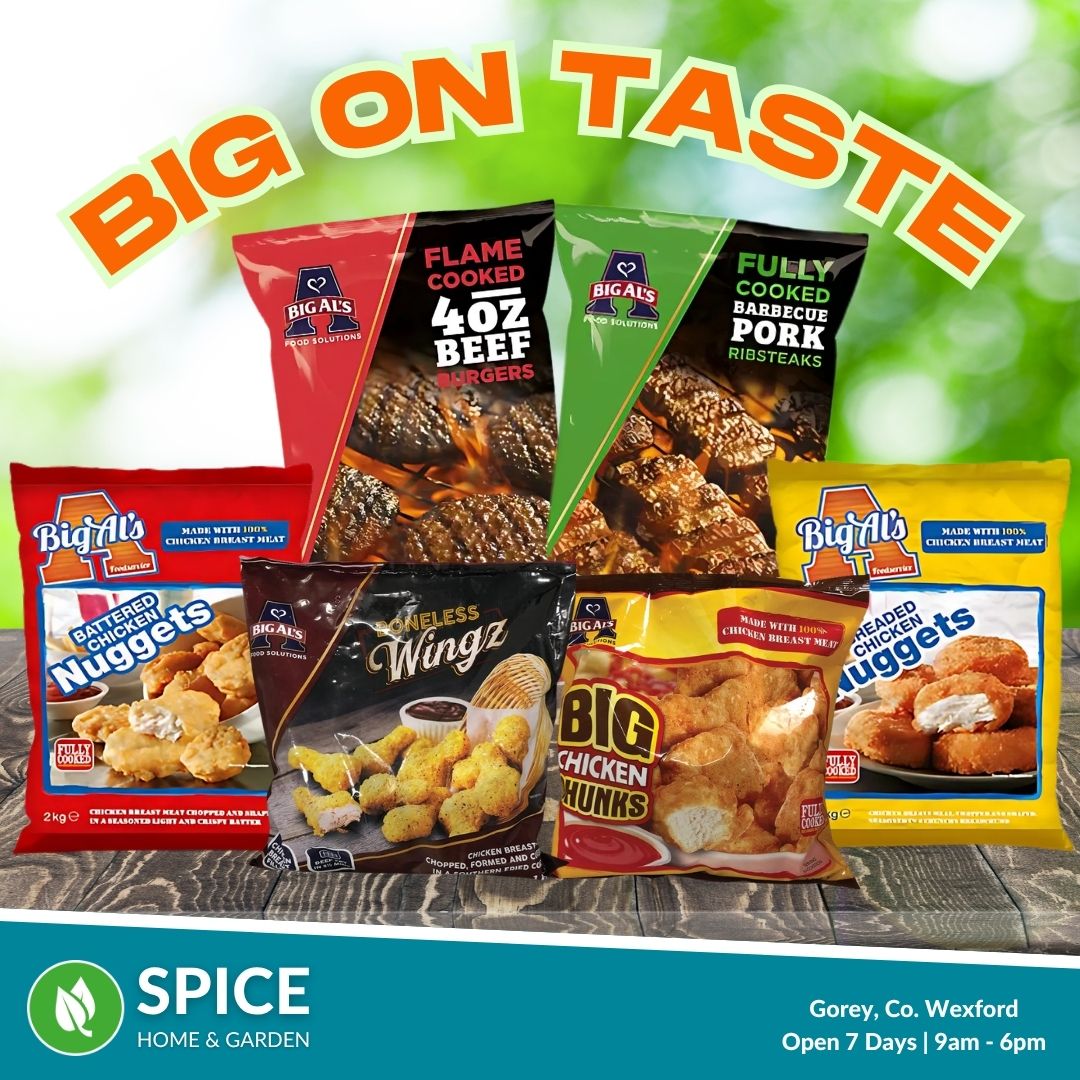 SpiceHomeGarden's tweet image. 🍔 BBQ &amp;amp; Dinner Made Easy! Discover Big Al's Range at Spice Home &amp;amp; Garden for quick meals!

📍 Available now in Gorey, Wexford.

🕘 Open 7 Days | 9am – 6pm

...and for more delicious options!

#BigAls #EasyMeals #BBQFood