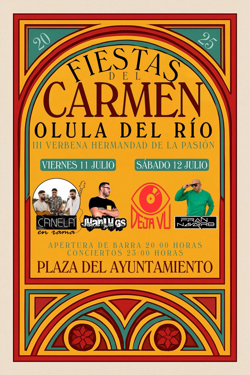 💃🏼 ¡Vuelven nuestras #FiestasdelCarmen2025!

Este 11 y 12 de julio, vive dos noches llenas de tradición, música en directo y el mejor ambiente en la Plaza del Ayuntamiento.

🎤 Conciertos:
Canela en Rama y Deja Vu Rock

🎧 Sesiones:
DJ Juanlu GS y DJ Fran Navarro

#PasiónOlula
