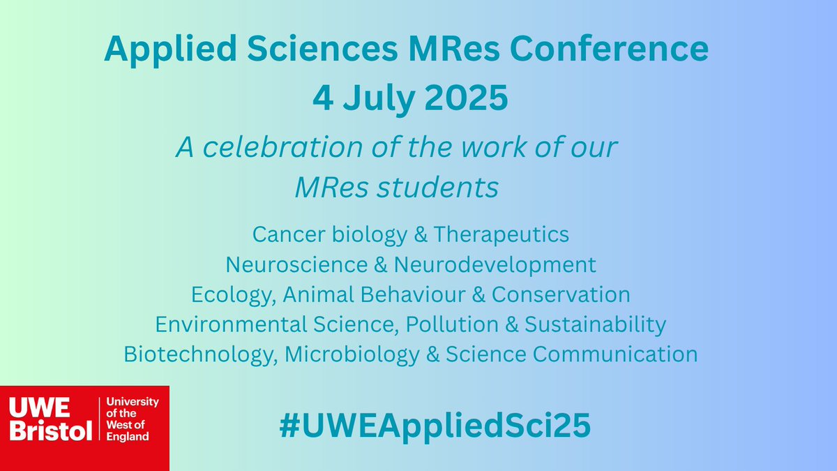 UWE_SoAS's tweet image. We're very excited for our MRes conference this week where we will showcase and celebrate the work of our current MRes students!
📅Fri 4 July 09:30-16:45
#UWEAppliedSci25 #appliedsciences @UWE_Research