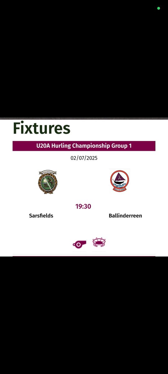 Sarsfields GAA (@sarsfieldsgaa) on Twitter photo U20 championship first round this evening Wednesday July 2nd
Venue: Sarsfields GAA grounds
19:30
Ref : John Keane
Best of luck to all involved
<a href="/Galway_GAA/">Galway GAA Official</a>
<a href="/FlirtFMSport/">FlirtFMSport</a> U20 championship first round this evening Wednesday July 2nd
Venue: Sarsfields GAA grounds
19:30
Ref : John Keane
Best of luck to all involved
<a href="/Galway_GAA/">Galway GAA Official</a>
<a href="/FlirtFMSport/">FlirtFMSport</a>