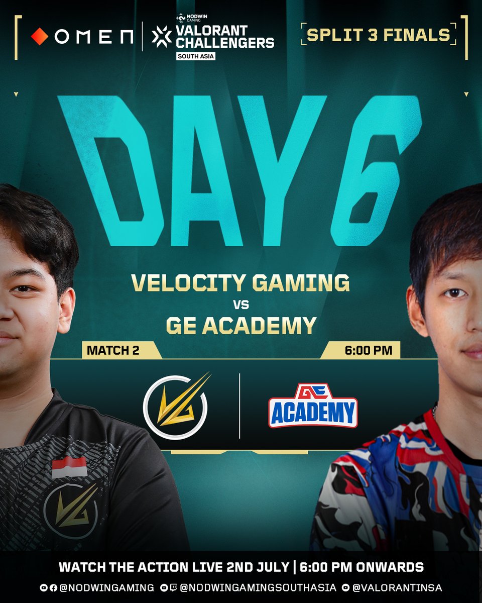 The Split 3 Finals have begun and here is the Match 2 Schedule for Day 6 of OMEN VCSA 2025 Split 3 🔥

⚔️ 6PM –  Velocity Gaming vs GE Academy

💬 Which team’s making their move towards Ascension? Comment your call! 🗯️

🔴 Tune in LIVE from 3PM onwards!

📺 Twitch – Nodwin Gaming