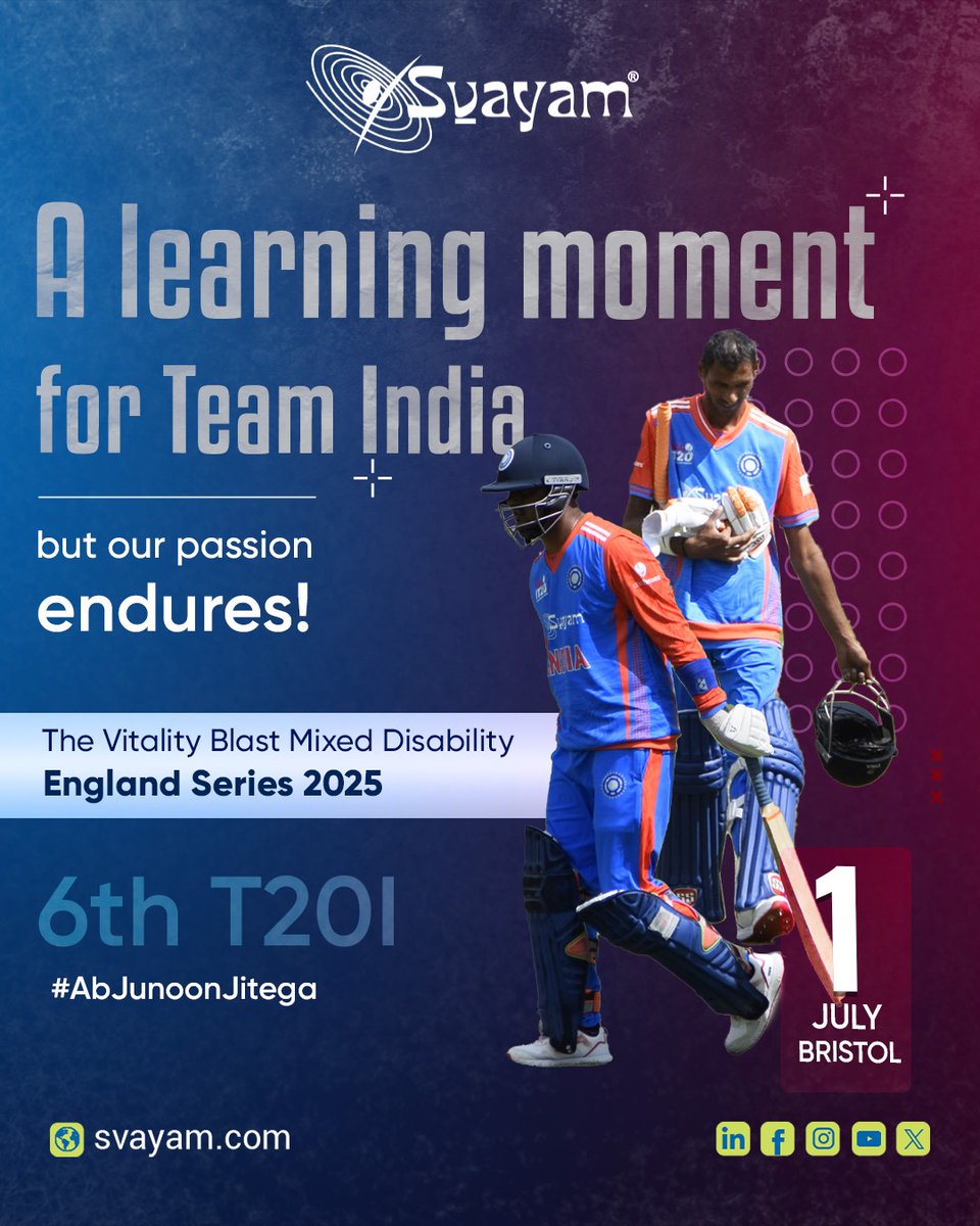 SvayamIndia's tweet photo. Team India may have faced a challenge, but their spirit remains unshaken. ๐ช
The journey continues, and the passion only grows stronger!
Letโs keep the support going! ๐ฎ๐ณ
#AbJunoonJitega #TeamIndia #DisabilityCricket #InclusiveSports #MixedDisabilitySeries #VitalityBlast2025 #DCCI #Svayam #INDvsENG #SitareEnglandPar #GullyToLords #AccessibilityForAll
@dcciofficial