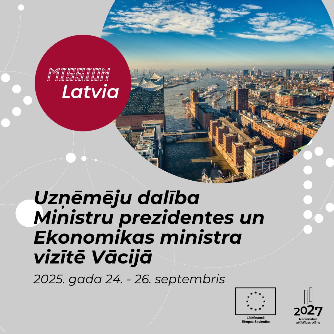 🇩🇪 Gribi sadarboties ar Vācijas uzņēmumiem? Šī ir Tava iespēja!

🤝 Līdz 16. jūlijam Tev ir iespēja pievienoties Latvijas uzņēmēju delegācijai Ministru prezidentes un Ekonomikas ministra vizītē uz Hamburgu un Rostoku, kas norisināsies no 24. līdz 26. septembrim.

Programmā:
✅
