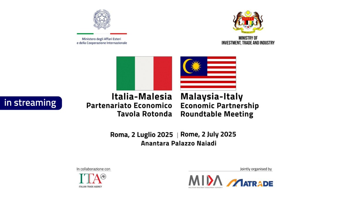 🔴Min. <a href="/Antonio_Tajani/">Antonio Tajani</a> with 🇲🇾 PM <a href="/anwaribrahim/">Anwar Ibrahim</a> and Min. of Investment, Trade and Industry <a href="/tzafrul_aziz/">Tengku Zafrul 🇲🇾</a> opens the Malaysia- Italy Roundtable Meeting.
📽️Watch live ⬇️
youtube.com/live/nAYEn8dKm…
<a href="/ItalyMFA/">Farnesina 🇮🇹</a> <a href="/MalaysiaPMO/">Pejabat Perdana Menteri Malaysia</a> @myembassyrome