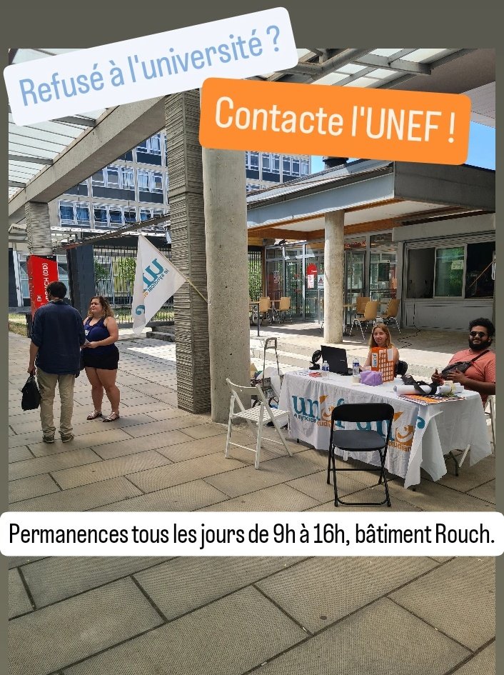 Refusé à l'université ? Contacte l'UNEF.

Nous tenons des permanences tous les jours, de 9h à 16h, au bâtiment Rouch.