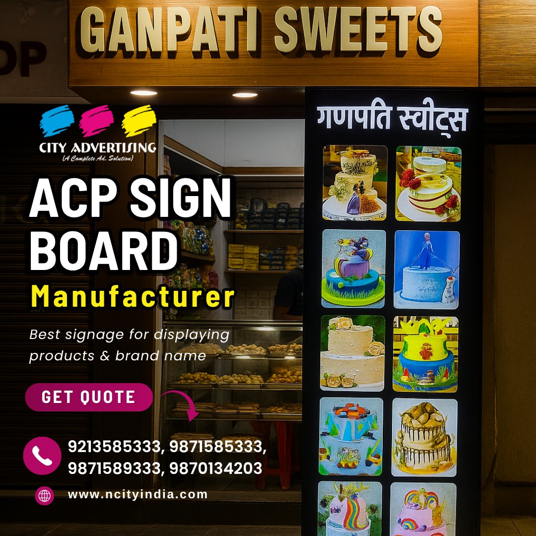 Ncityadvert's tweet image. Presenting our latest ACP LED Sign Board for Ganpati Sweets
This signage is a true showstopper for sweet lovers!

Visit: ncityindia.com/acp-acrylic-si…
 Call 9213585333, 9870134203

#CityAdvertising #ACPBoard #LEDSignBoard #BakerySignage #CakeShopBoard #SweetShopDisplay #StoreSigns