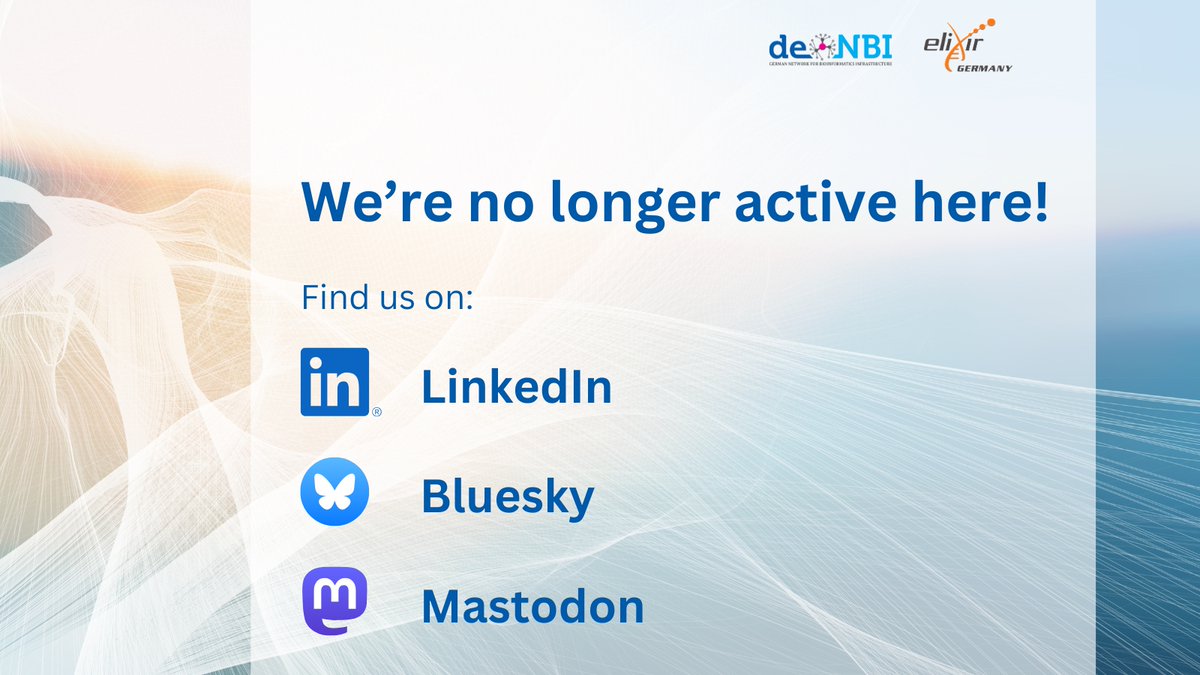 We are no longer active on X!

To stay up to date with our latest news and activities, please follow us on:
LinkedIn: linkedin.com/company/de-nbi
Bluesky: bsky.app/profile/denbi.…
Mastodon: mstdn.science/@deNBI
Thank you for your support — and see you there!