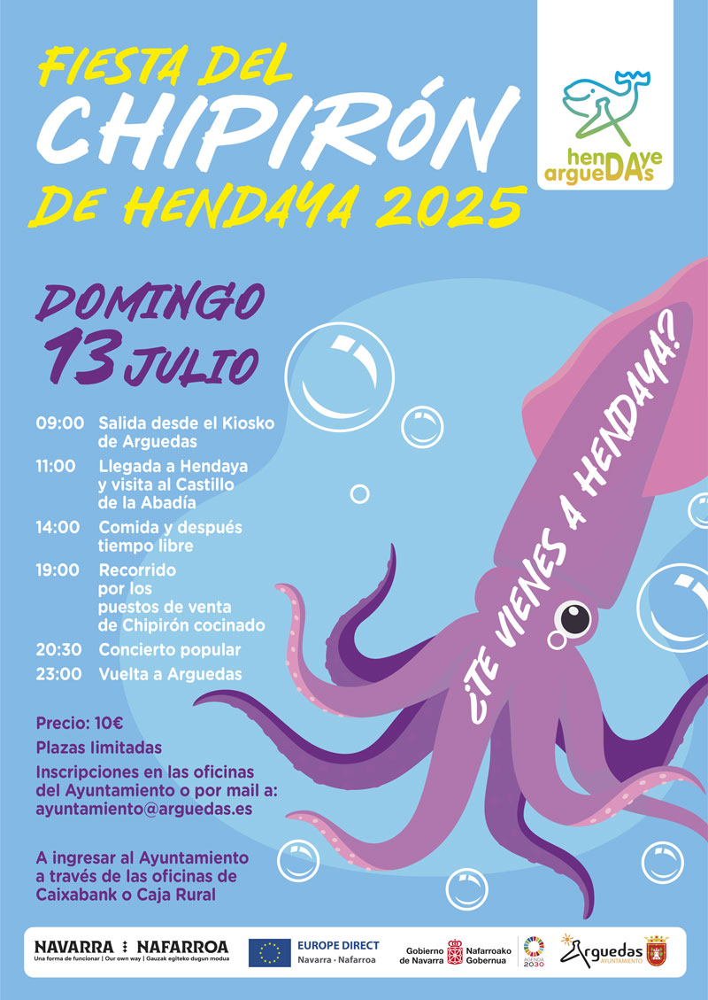Europe Direct Navarra / Nafarroa (@europedirect_na) on Twitter photo 🇪🇺🇵🇲Fiesta del Chipirón Hendaya 2025
📆DOMINGO 13 JULIO
⌚️09:00-23:00
💰Precio: 10€
🧑🤝🧑Plazas limitadas
📋Inscripciones en las oficinas del Ayuntamiento o por mail a: ayuntamiento@arguedas.es
📎Más info: europedirectnavarra.eu/evento/fiesta-…
#EuropeDirectNA #NavarreInEurope 🇪🇺🇵🇲Fiesta del Chipirón Hendaya 2025
📆DOMINGO 13 JULIO
⌚️09:00-23:00
💰Precio: 10€
🧑🤝🧑Plazas limitadas
📋Inscripciones en las oficinas del Ayuntamiento o por mail a: ayuntamiento@arguedas.es
📎Más info: europedirectnavarra.eu/evento/fiesta-…
#EuropeDirectNA #NavarreInEurope