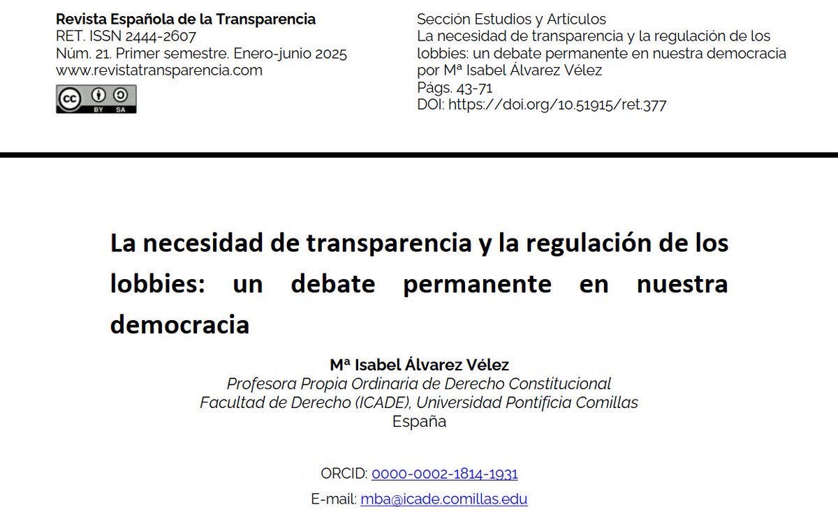 Revista Española de la Transparencia #RET (@retransparencia) on Twitter photo «La necesidad de transparencia y la regulación de los lobbies: un debate permanente en nuestra democracia» es el título del trabajo publicado por Mª Isabel Álvarez Vélez (<a href="/UCOMILLAS/">Universidad Pontificia Comillas</a>) en nuestro último número #RET21 (2025).
Accede al artículo aquí 👇
🔗revistatransparencia.com/ojs/index.php/… «La necesidad de transparencia y la regulación de los lobbies: un debate permanente en nuestra democracia» es el título del trabajo publicado por Mª Isabel Álvarez Vélez (<a href="/UCOMILLAS/">Universidad Pontificia Comillas</a>) en nuestro último número #RET21 (2025).
Accede al artículo aquí 👇
🔗revistatransparencia.com/ojs/index.php/…