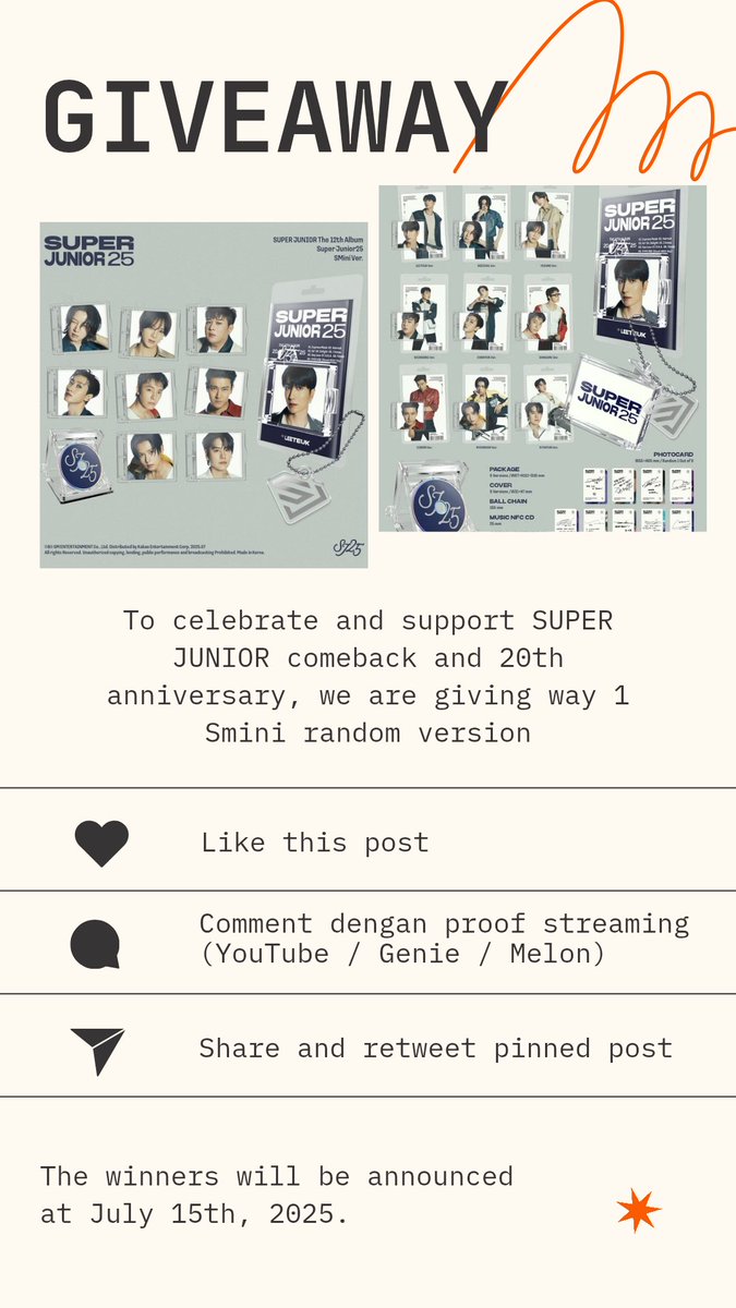 MungiefansShop's tweet photo. ✨ GIVEAWAY SUPER JUNIOR 20th ANNIVERSARY ✨

To celebrate and support @SJofficial comeback and 20th anniversary, we're giving way 1 smini random version 

For more info kindly check the poster  below 👇 

#SUPERJUNIOR #SuperJunior25 #슈퍼주니어 #슈퍼주니어25 https://t.co/lJv9aj6VFz