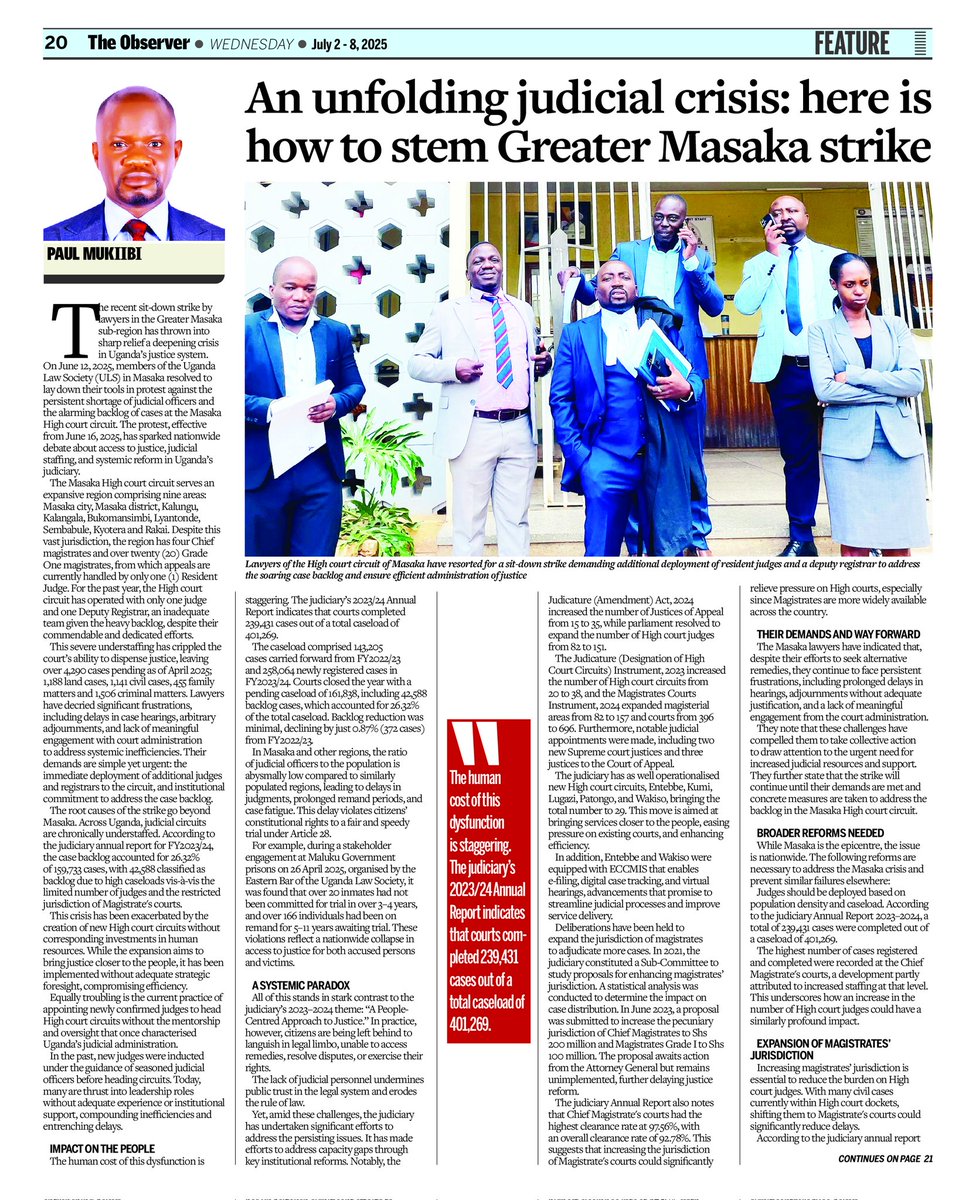 pmpaulmukiibi's tweet image. 🚨 Masaka lawyers strike: I propose broader judicial reforms: hasten expansion of magistrates jurisdiction, raise judiciary staffing to population ratio, deploy tools to track judicial officers with high backlogs, use AI to flag long-delayed cases etc. See drive.google.com/file/d/1Zt1qwq…