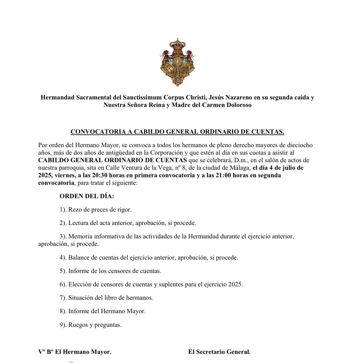 Cabildo General Ordinario de Cuentas
📅- 4 de julio.
🕒- 20:30 horas // 21:00horas
📍- Salón de actos de nuestra Parroquia del Sanctissimum Corpus Christi.

#CofradíasMLG 
#SacramentaldelCarmenDoloroso