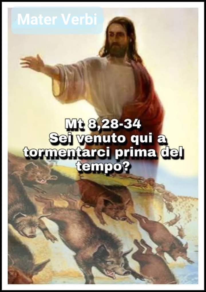 Gesù invade il campo delle tenebre, non ha paura di invadere spazi abitati dal male. La sola presenza di Gesù provoca un fuggi fuggi generale. Il demonio è lamentoso, quasi piange. Gesù finge di assecondarlo per poi farlo precipitare nel nulla e annegare.