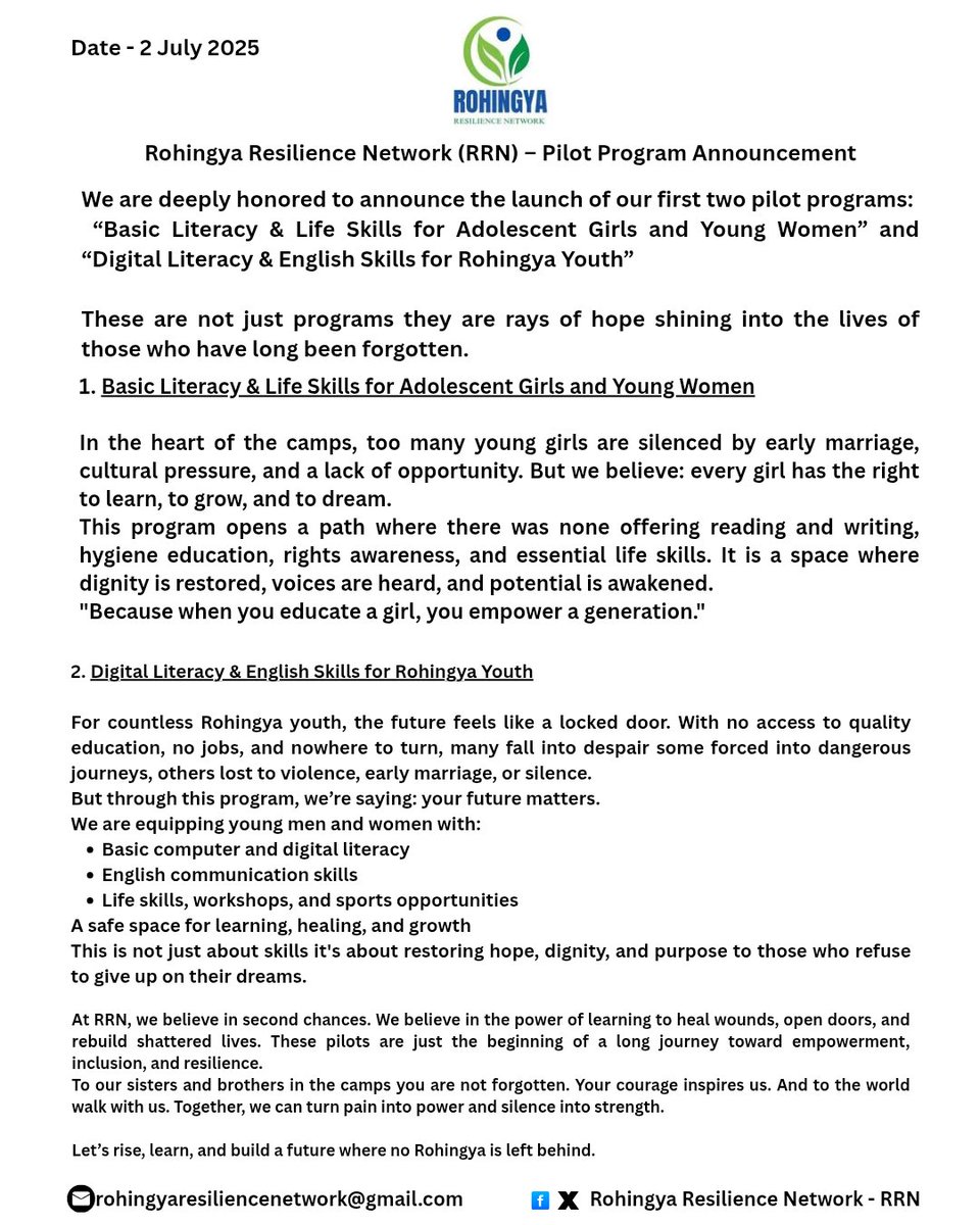 RRnetwork1's tweet photo. RRN is about to launch two pilot programs to uplift Rohingya youth and girls through education, skills, and hope.These are not just programs they are pathways to dignity,dreams, and a stronger future #RRN #RohingyaResilience #PilotProgram #HopeForRohingya #EmpowerThroughEducation https://t.co/MadIbOvf0M