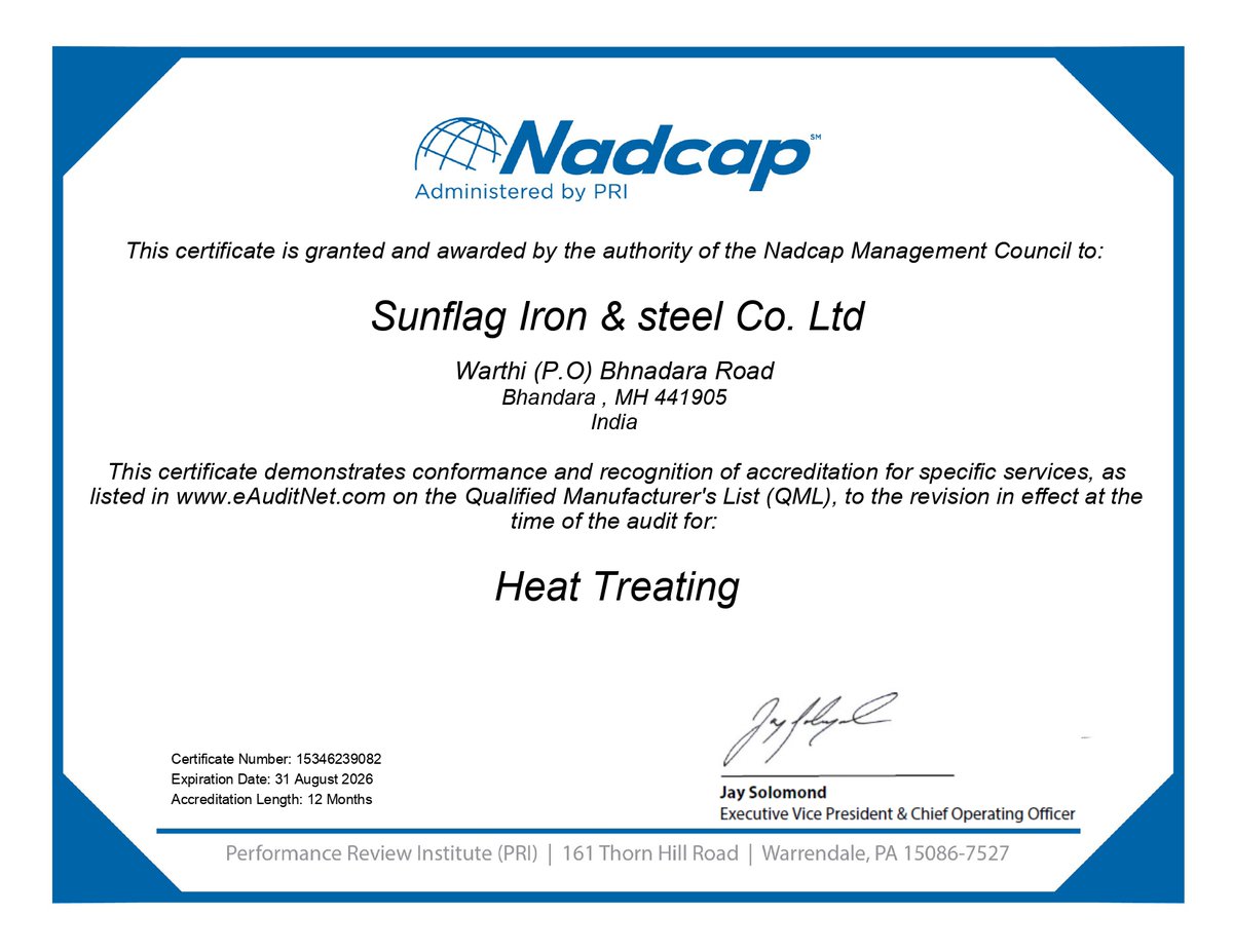 sunflagsteel's tweet image. #SunflagSteel has earned Nadcap re-accreditation for Heat Treatment, reaffirming our commitment to quality, precision, &amp;amp; excellence in aerospace &amp;amp; defense manufacturing #Heattreatment #Nadcapcertification #NadcapAccreditation #AerospaceManufacturing #Aerospace #NADCAP #Superalloy