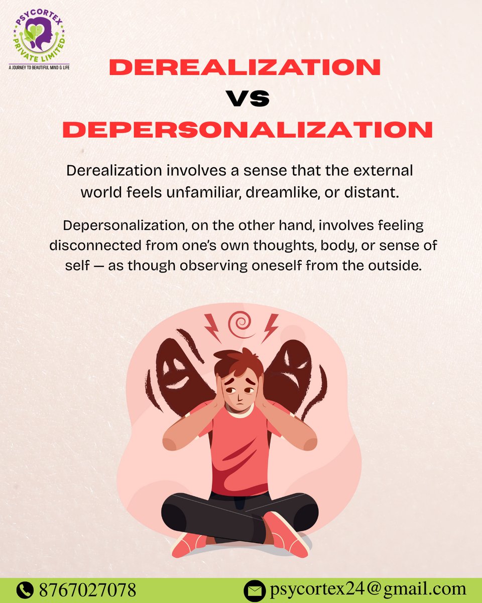 PPsycortex's tweet image. Feeling disconnected from yourself or the world? You may be experiencing Depersonalization or Derealization. It’s scary but treatable. You’re not alone—Psycortex is here to help you feel real, present, and safe again.
#Psycortex #Depersonalization #Derealization #MentalHealthAw