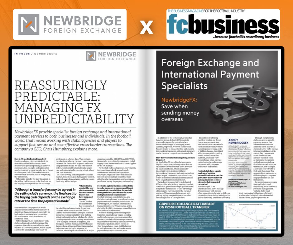 NewbridgeFX's tweet image. How is FX used in football transfers? ⚽️💷
We've teamed up with @fcbusiness magazine to share with their readers just how big a part foreign exchange plays in international football transfers.
With fluctuating exchange rates and cross-border payment structures, we break down…