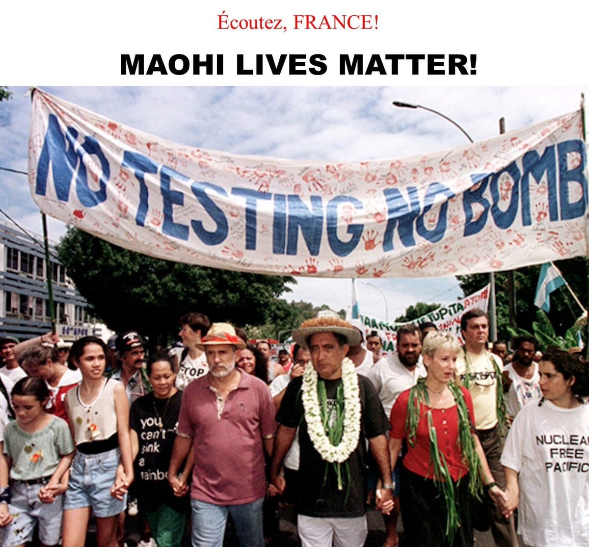 📢UPDATE: 30 More Organisations Endorse the Pacific’s Call for Justice

Today marks the anniversary of 🇫🇷’s first nuclear test in 1966 on 🇵🇫 Maʻohi Nui. From 1966–1996,  🇫🇷conducted 193 tests at Moruroa &amp; Fangataufa. 

#DecoloniseThePacific #NuclearJustice #MaohiLivesMatter