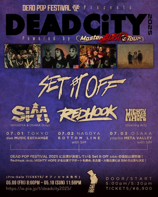 bottomline1989's tweet image. Today

DEAD POP FESTiVAL Presents
“DEAD CiTY 2025”
Powered by Master BLAST Tour

7月2日(水)ボトムライン
OPEN 17:00 / START 17:30

出演
#SETITOFF (USA)
#RedHook (AUS)
#SiM
#MightyHope(O.A)

当日券 17:00から販売いたします。

info ジェイルハウス
jailhouse.jp/live/dead-pop-…
