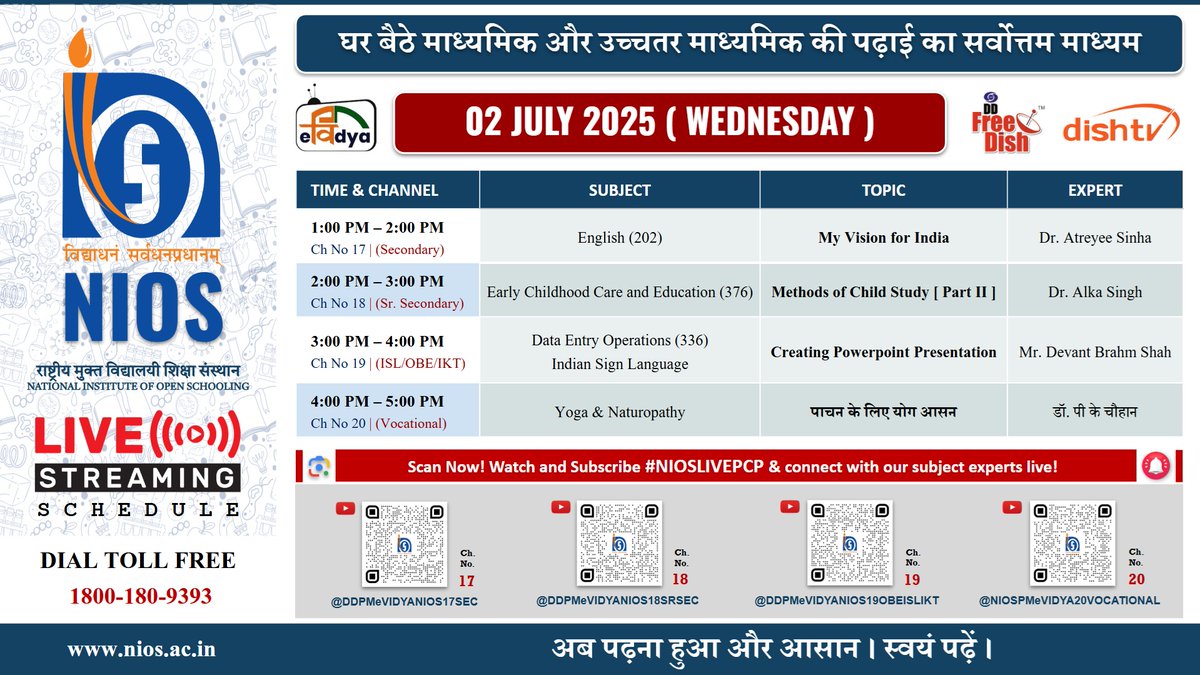NIOS (@niostwit) on Twitter photo ๐ฅ #NIOS_LIVE | 02 July 2025
๐ฎ๐ณ๐ถ๐ป๐งโโ๏ธ
๐ English | ๐ Child Education
๐ Data Entry/ISL | ๐ Yoga & Naturopathy
๐ฏ Topics: Vision for India, Child Study, PPT Skills & Yoga Asanas
๐ก DD Free Dish / DishTV
๐ nios.ac.in #NIOSLIVEPCP #DigitalLearning #SkillEducation ๐ฅ #NIOS_LIVE | 02 July 2025
๐ฎ๐ณ๐ถ๐ป๐งโโ๏ธ
๐ English | ๐ Child Education
๐ Data Entry/ISL | ๐ Yoga & Naturopathy
๐ฏ Topics: Vision for India, Child Study, PPT Skills & Yoga Asanas
๐ก DD Free Dish / DishTV
๐ nios.ac.in #NIOSLIVEPCP #DigitalLearning #SkillEducation