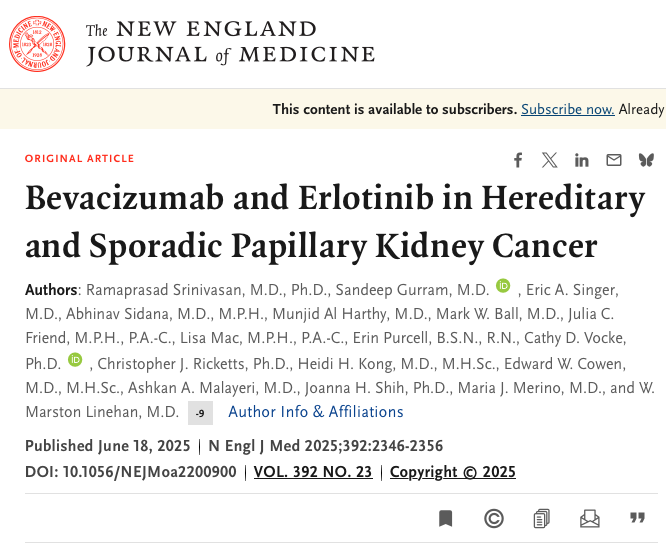 Bevacizumab and Erlotinib in Hereditary and Sporadic Papillary Kidney Cancer out on NEJM

nejm.org/doi/full/10.10…

In a phase 2 open-label study, the combination of bevacizumab and erlotinib demonstrated notable antitumor activity in patients with advanced hereditary