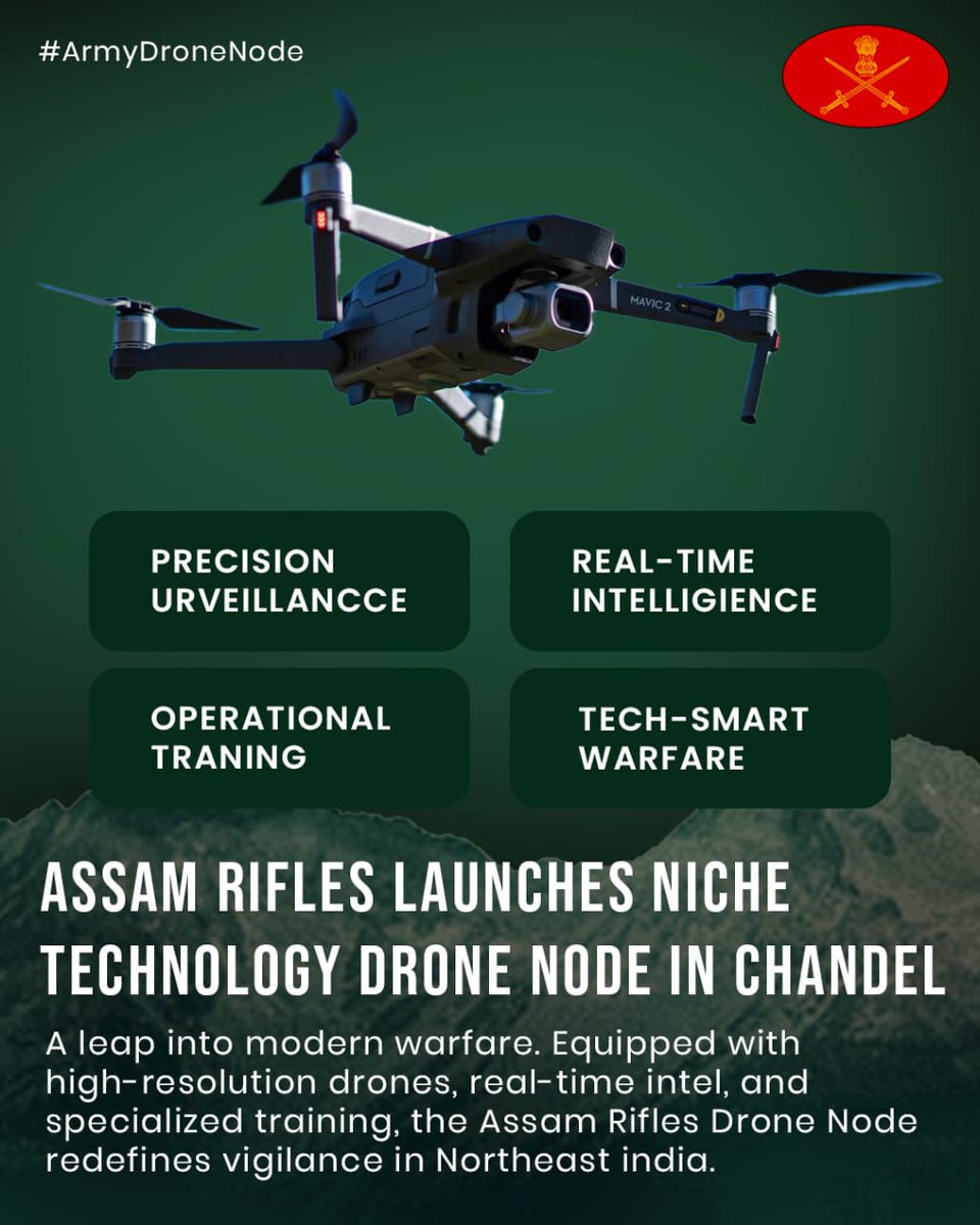 Laishc01's tweet image. Assam rifle launches technology drone in chandel,Manipur.
The main goal is to boosting vigilance in tough terrain—new drone tech to curb infiltration &amp;amp; aid anti-insurgency ops in Northeast. 🚁🛡️
#BorderSecurity 
@official_dgar 
#TechForDefence #NortheastIndia