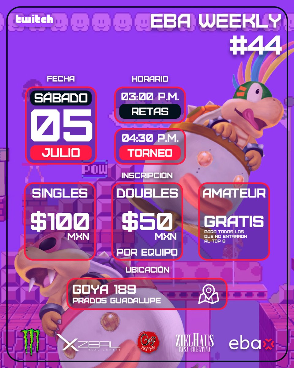 ¡Los invitamos a todos a participar en la edición #44 de #EBAWeekly!💢
📅 Sabado 05 de Julio a las 04:30p.m.
📌 Zielhaus Casa de creacion digital | Goya 189, Prados de Guadalupe, Zapopan. twitch.tv/ebagamingtv
start.gg/tournament/eba…
#EBA #UnleashTheBeast #LigaZES #Xzeal