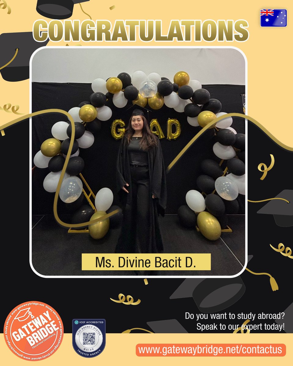 gatewaybridge's tweet image. 🎓 From PH to AU — congrats to Ms. Divine on completing her IT Diploma at the Australian Institute of Advanced Studies!✨

 Ready to start your study abroad journey? Speak with our qualified counselors today!

#GatewayBridge #StudyInAustralia