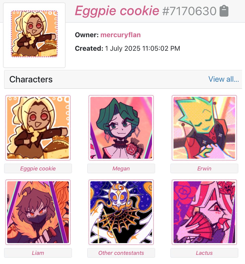mercuryflan's tweet image. hi guys! I might not post a lot here for a while, since imma be busy with artfight this month, but yeah, Eggpie cookie has now joined as a new contestant this round! 
GOOD LUCK EVERYONE!! ^^ #artfight2025 
artfight.net/~mercuryflan