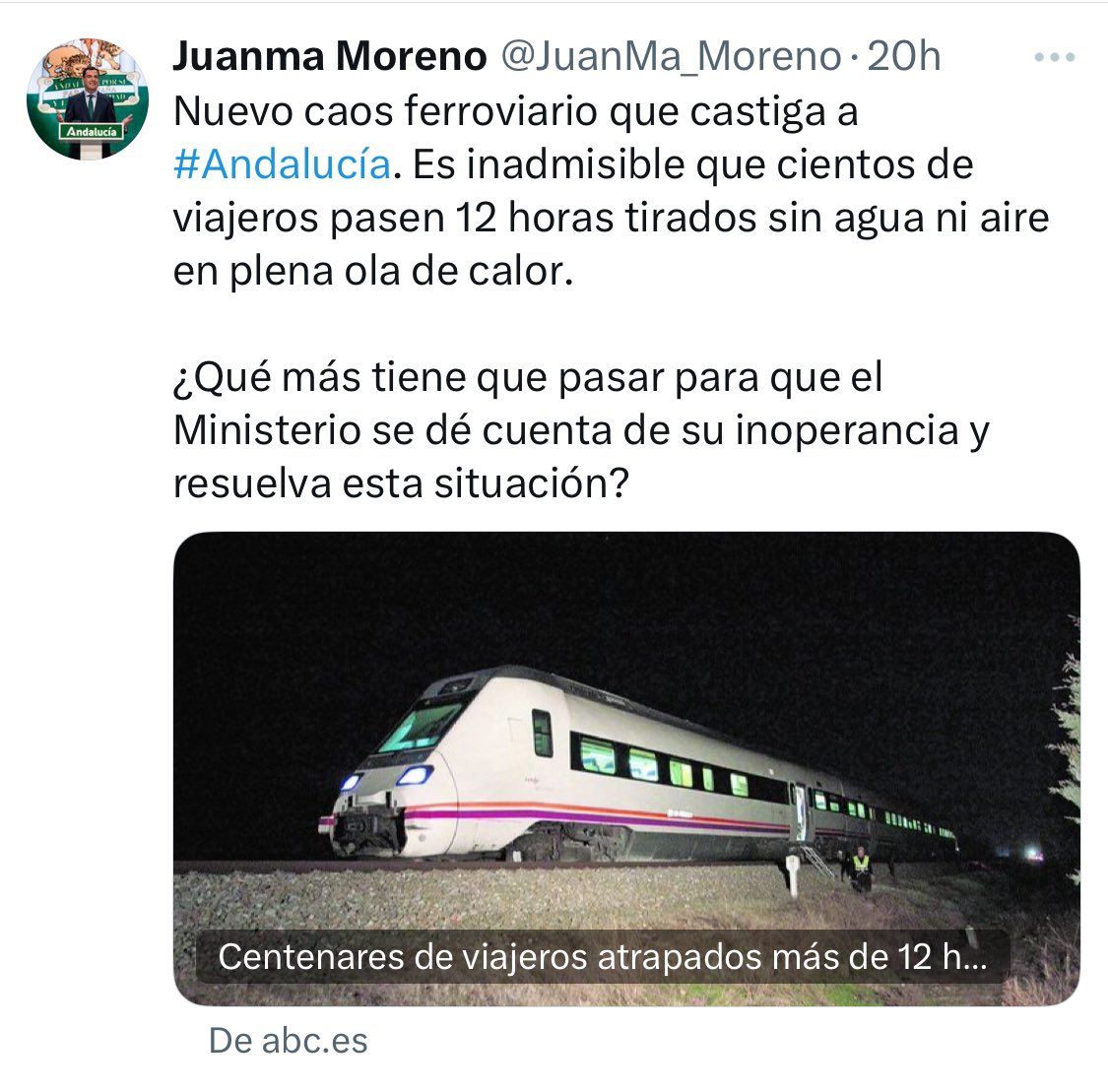 Josele Aguilar /❤ (@joseleaguilar) on Twitter photo ❌❌El <a href="/ParlamentoAnd/">Parlamento Andalucía</a> aprobó con el voto del <a href="/ppandaluz/">PP de Andalucía</a> solicitar la gestión de los cercanías en #Andalucía
🔹Por supuesto <a href="/JuanMa_Moreno/">Juanma Moreno</a> nada ha hecho. Él está mucho más cómodo confrontando con el Gobierno de España q gestionando sus competencias
#MenosConfrontarMásGestionar ❌❌El <a href="/ParlamentoAnd/">Parlamento Andalucía</a> aprobó con el voto del <a href="/ppandaluz/">PP de Andalucía</a> solicitar la gestión de los cercanías en #Andalucía
🔹Por supuesto <a href="/JuanMa_Moreno/">Juanma Moreno</a> nada ha hecho. Él está mucho más cómodo confrontando con el Gobierno de España q gestionando sus competencias
#MenosConfrontarMásGestionar
